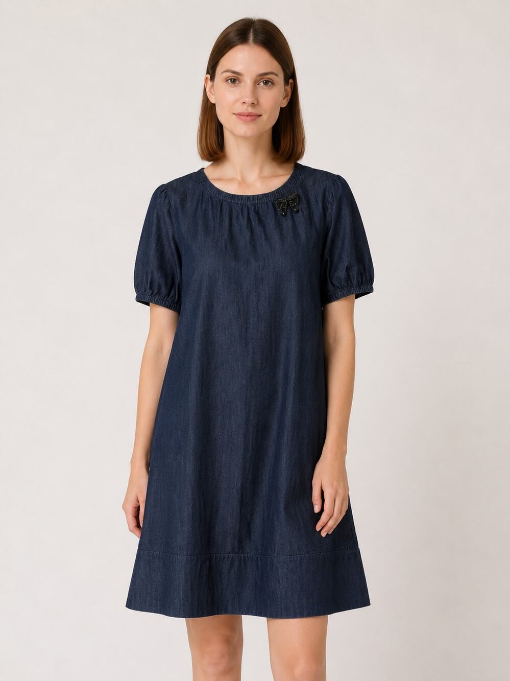 'S Max Mara Chambray Puff Sleeve Beaded Brooch Mini Dress Denim Blue 12